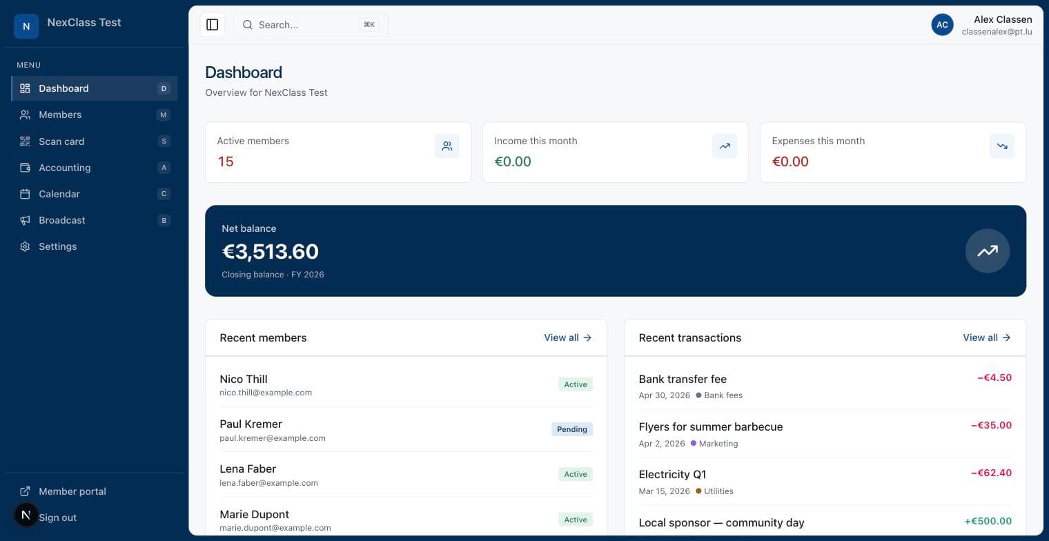 Preview of the Nexpense staff dashboard showing members, income, and net balance